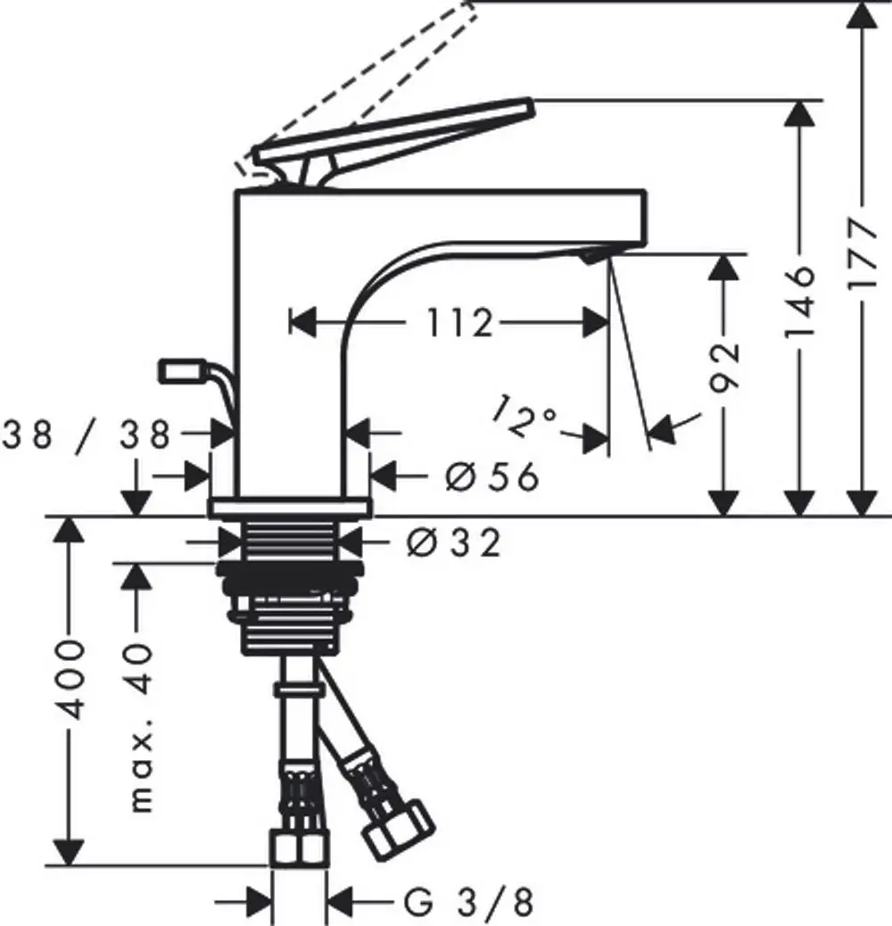 Einhebel-Waschtischmischer mit Hebelgriff, Anschluss für Zugstangen-Ablaufgarnitur. Design von AXOR, technische Zeichnung mit Maßangaben.